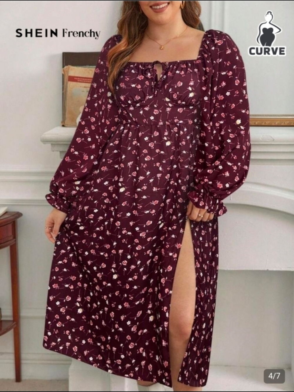 Shein Curve Women's Burgundy Floral Square-Neck Midi Dress - 1XL
